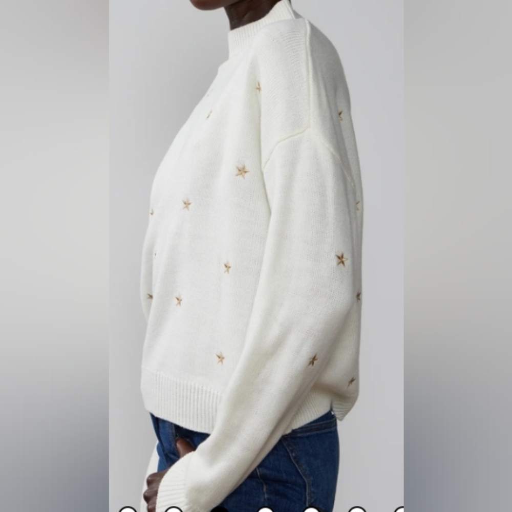 Boho Chic Spring Coastal Pullover Oversized Embroidered Gold Stars Sweater New - Picture 9 of 10